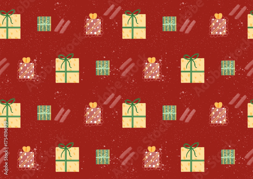 A cute hand drawn Christmas pattern featuring gift boxes in warm festive colors on a red background. This seamless design has a cozy, handcrafted feel, perfect for holiday gift wrapping, greeting card