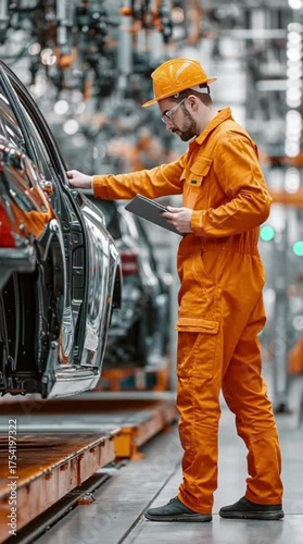 Footage of Car Factory Engineer in Work Uniform Using Tablet Computer. Automotive Industry 4.0 Manufacturing Facility Working on Vehicle Production. Automated Assembly Plant