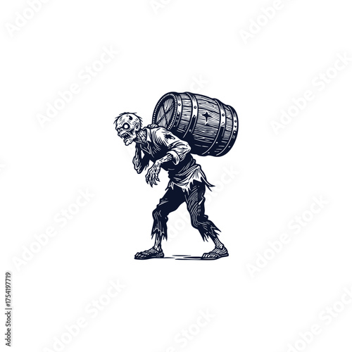 Vintage engraving illustration of a scary zombie figure carrying a large wooden barrel or cask on its back, suggesting a heavy burden or delivery