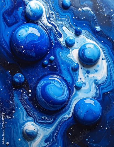 Abstract close-up of swirling blue and white liquid spheres against a speckled background