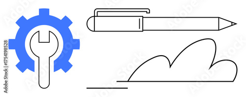 Blue gear with wrench, pen sketching a cloud. Ideal for creativity, innovation, tools, productivity, engineering, design brainstorming. Simple flat metaphor