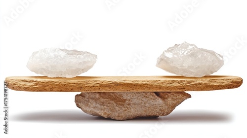 Clear natural crystals balanced on a rustic wooden plank, supported by a rough stone against a pure white background, symbolizing natural equilibrium and purity.