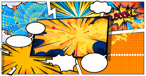 Explosive superhero action with comic speech bubbles and cloud bursts for dynamic storytelling. Boom text with halftone dots and stars on orange backgrounds. Retro pop art frames for manga layouts.