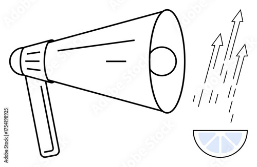 Megaphone projecting dynamic lines toward lemon slice sparks. Ideal for communication, marketing, advocacy, bold ideas, creativity, innovation, motivation. Simple flat metaphor