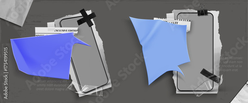 Modern phone mockups with paper speech bubbles and torn edges for digital communication design. Smartphone screens displaying blue chat elements with white sheets. Mobile interface presentation