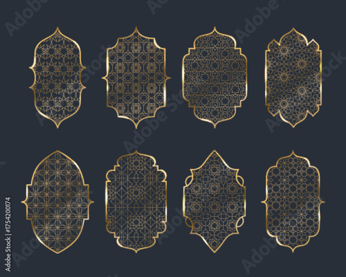 Arab windows with gold geometric patterns on dark bg for Islamic architecture and mosque design. Oriental ornamental frames with motifs, traditional arabesque details and elegant decorative elements.