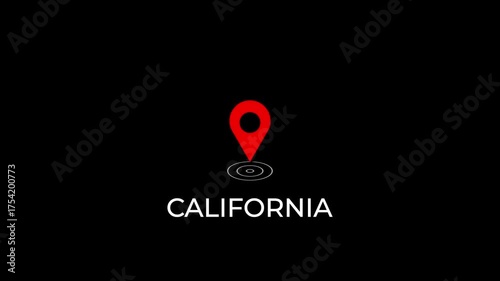 animated red map pin with smooth wave pulse and california city text