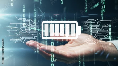 Hand holding a glowing battery icon with binary code and circuit board elements in a digital, futuristic setting