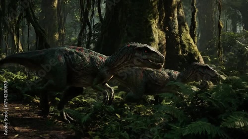 Two dinosaur creatures in a lush forest setting under shaded sunlight