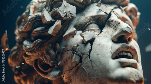 Dramatic marble sculpture of a classical figure bursting apart with flying stone fragments, symbolizing energy, motion, and transformation.