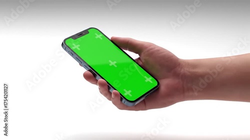 Hand holding a modern smartphone with a bright green screen and tracking markers on a clean background