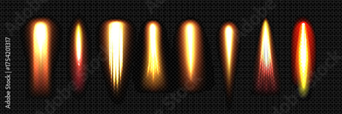 Rocket jet fire trails with golden flames and smoke for space launch effects. Bright exhaust streams or propulsion burst elements on transparent background. Speed boost visual assets collection.