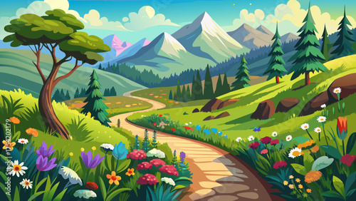 Very beautiful scenic pathway winding through wildflowers and lush green plants in the Appalachian Mountains, where a picturesque trail meanders through colorful blossoms and a panoramic valley unfold