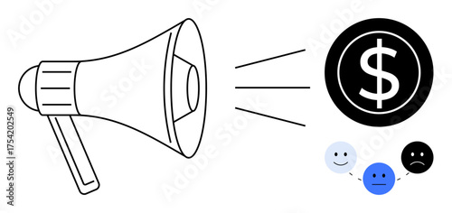 Megaphone highlights financial focus with dollar sign and emotive customer feedback. Ideal for advertising, marketing, communication, sales growth, feedback, audience engagement, simple flat metaphor