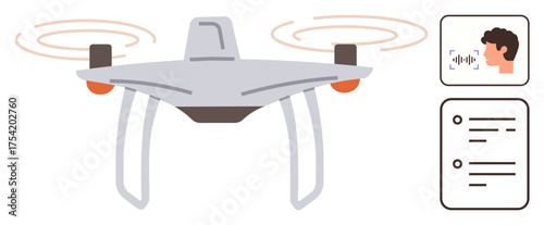 quadcopter with spinning propellers, voice command input, and instruction options. Ideal for technology, automation, innovation, smart devices, remote control, communication and modern lifestyle