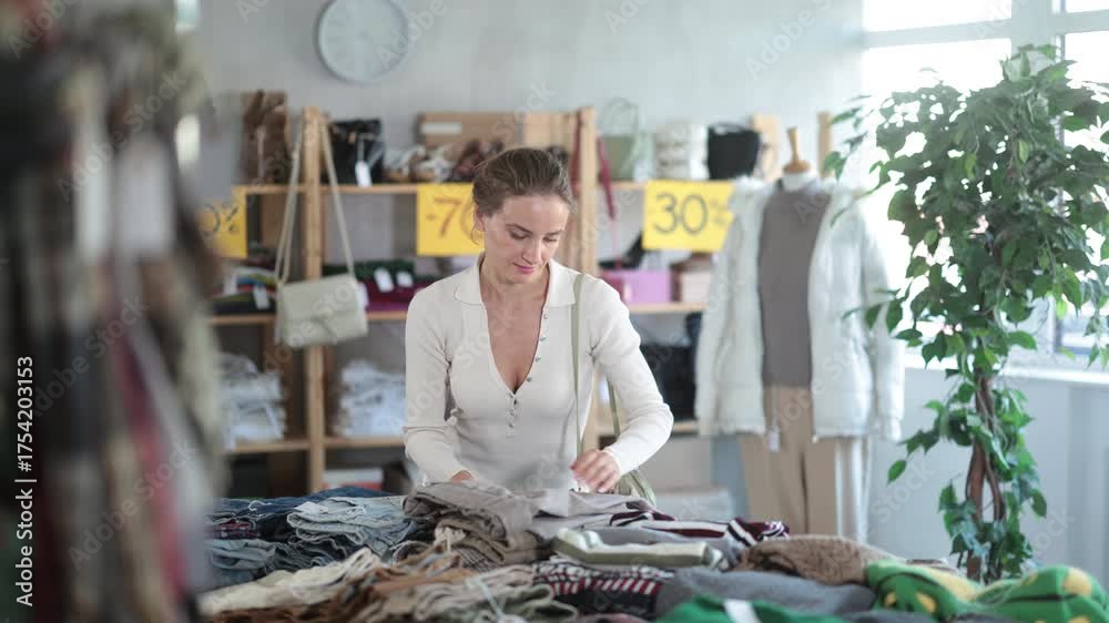  Young woman buyer choosing winter trousers in clothing store