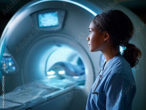 Young female doctor looking at computed tomography scanner in hospital. Medical equipment.
