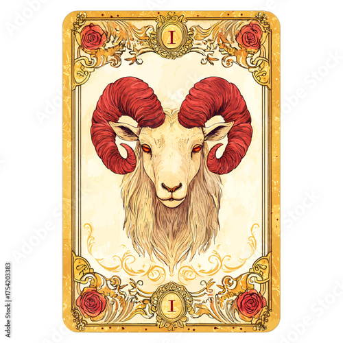 Watercolor Ram Zodiac Card with Roses Clipart