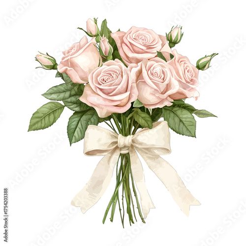 Watercolor Pink Roses Bouquet with Ribbon Clipart