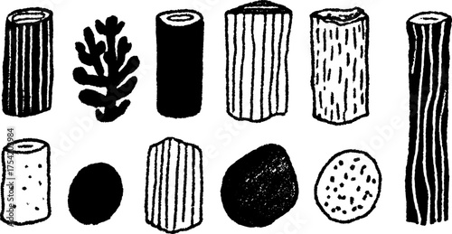 Wood textures in black lines and shapes, featuring various pieces. Simple vector illustration set with abstract contours.