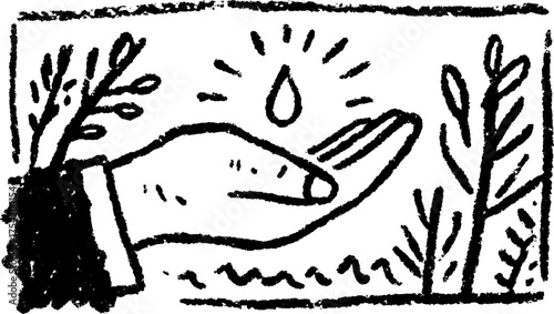 Hand holding a water droplet among trees. Simple monochrome vector illustration emphasizing nature care and environmental protection.