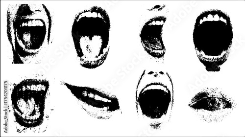 Mouth expressions featuring open faces. Graphic vector illustration with black and white contrast in a modern set style.