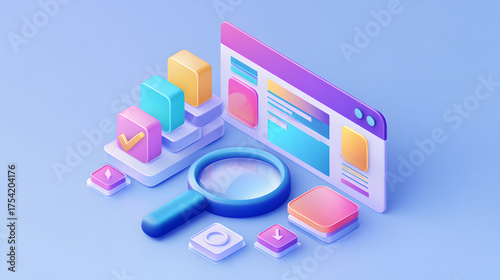 3D Illustration of a Website Interface with Colorful Data Visualization Elements, Magnifying Glass, and Check Mark Symbol on a Modern Blue Background
