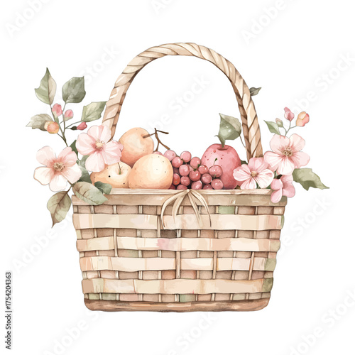 Watercolor Fruit Basket with Flowers Clipart