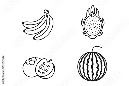 Illustration of a bunch of bananas, dragon fruit, persimmon, and watermelon in black and white line art