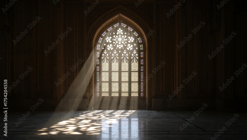 Obraz premium Sunlight Streaming Through Ornate Window, Creating Abstract Patterns on the Floor.