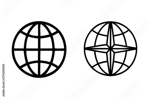 Two globe icons with different grid patterns and one with a star inside in black and white design