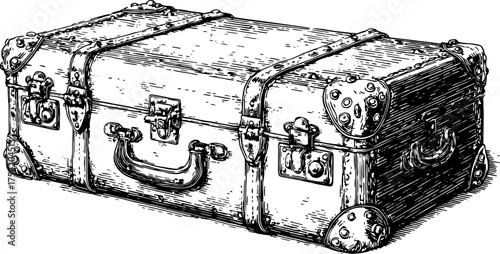 Vintage trunk illustration in black and white outline style. Detailed engraving set featuring a sturdy storage container, vector design.