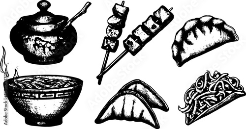 Food illustration featuring soup, noodles, skewers, gyoza, and dumplings in a detailed black and white vintage vector set.