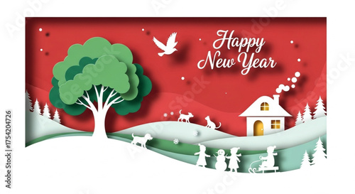 Happy New Year paper cut style vector illustration. Winter landscape with house, tree, and flying birds. New year Card vector. 