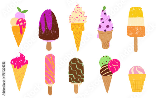 Hand drawn ice cream desserts with crayon texture - colorful cones, popsicles and frozen treats with sprinkles, fruit toppings and chocolate coating. Summer sweets collection for kids illustrations.