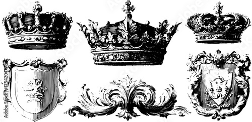Crown and shield engraving in vintage line drawing style. Elaborate and decorative vector illustration showcasing classic design elements.