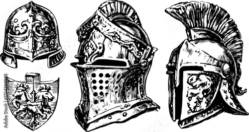 Detailed illustration of knight helmets and a shield. Vintage monochrome vector artwork showcasing classic medieval armor styles in a set.