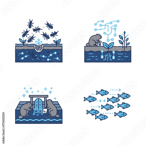 Vector illustrations exploring diverse natural and scientific concepts, including ant infestations, bio-engineered plant growth, beaver dam building, and synchronized fish schooling.