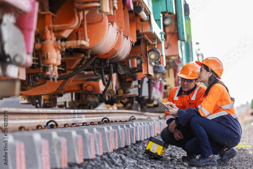 Fotografie Two rail engineers in safety uniforms and helmets inspect the underside of a railway maintenance machine, discussing mechanical details to ensure precision, performance, and railway safety operations