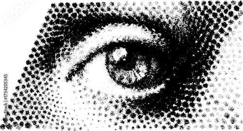 Eye illustration in black and white. Graphic design featuring dot pattern and monochrome texture, with clean outlines in a vector style.