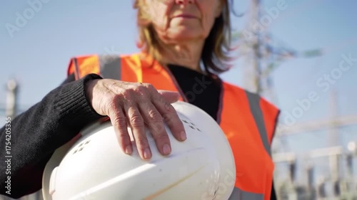 Woman in orange vest holds white hard hat; industrial power lines in background under clear sky