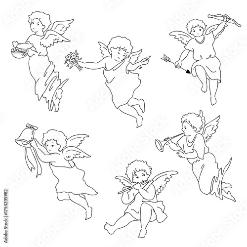 かわいい天使の線画イラスト6セット
