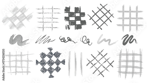 Crayon brush strokes with grid patterns for artistic texture and design elements. Hand drawn checks and crosses, abstract scribbles in gray or black tones. Sketchy overlays and decorative marks.