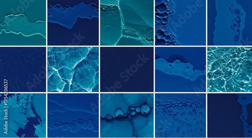 Abstract collage of fifteen panels, varying shades of blue, with textures resembling water and liquid