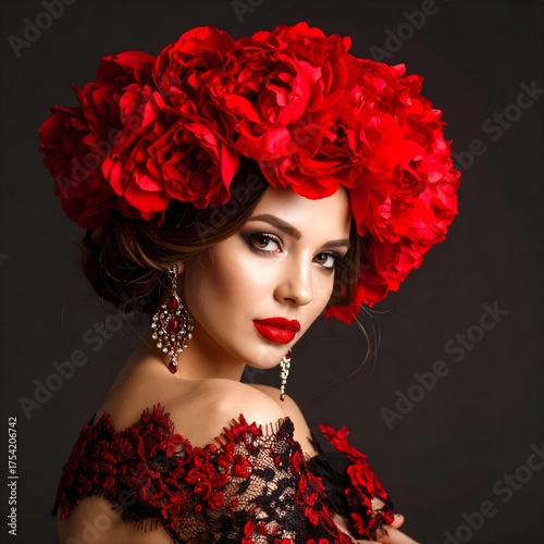 Alluring Woman Wearing a Large Red Rose Flower Crown, Sparkling Jewel Earrings, and a Black Lace Dress Against a Dark Background for Elegant Fashion and Beauty Portrait Concept