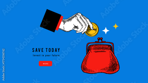 Art collage of sketch hand with coin and retro wallet. Saving budget, finance, banking, investment, fintech, investment, insurance, credit, e-commerce, money concept. Hand drawn vector illustration.