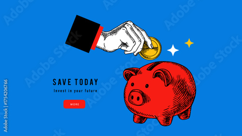 Art collage of sketch hand with coin and piggy bank. Saving budget, finance, banking, investment, fintech, investment, insurance, credit, e-commerce, money concept. Hand drawn vector illustration.