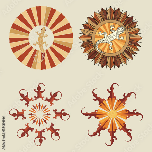 Lizard Mandala Vector Illustration Bundle Geometric Reptile Polygonal Symmetry Art Design Set