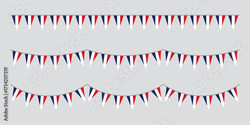 Seamless Blue, white and red colored, as the colors of the national flag of France party bunting border. Flat design illustration.