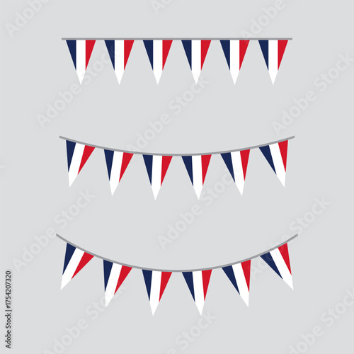 Seamless Blue, white and red colored, as the colors of the national flag of France party bunting border. Flat design illustration.